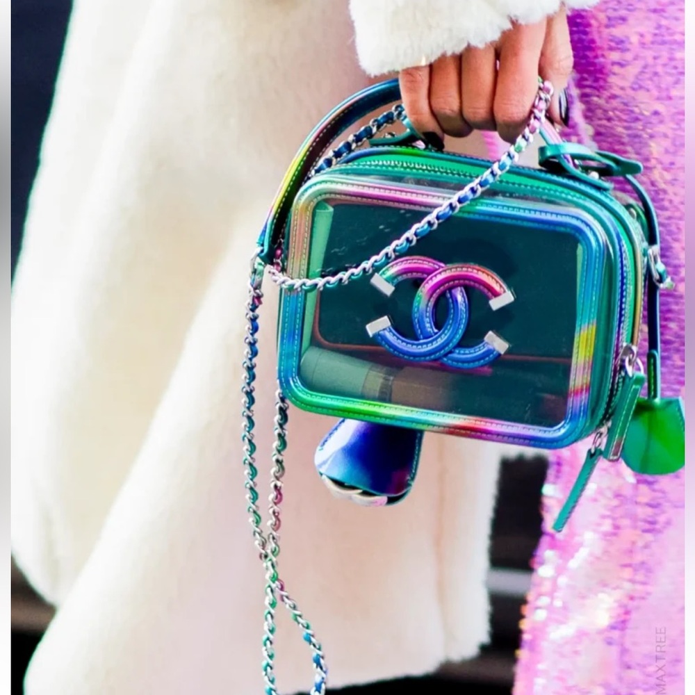 Chanel CC Filigree vinyl x patent leather Vanity bag Rainbow Silver Metal Fittin
